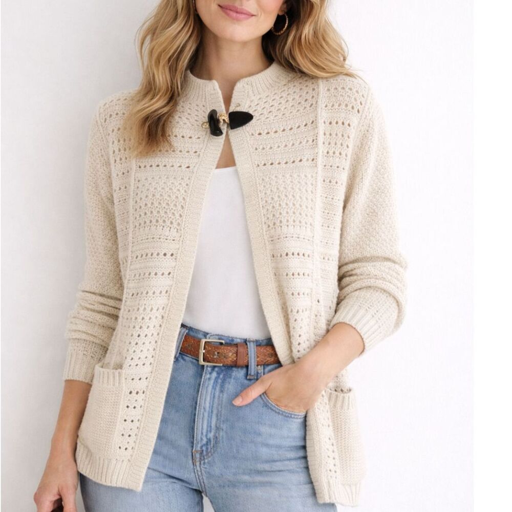 Woolrich Sweater Size L Tan Beige Long Sleeve Wool Blend Toggle Closure Cardigan